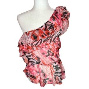 Toi et Moi One-Shoulder Ruffle Blouse - Pink and Black, NWT